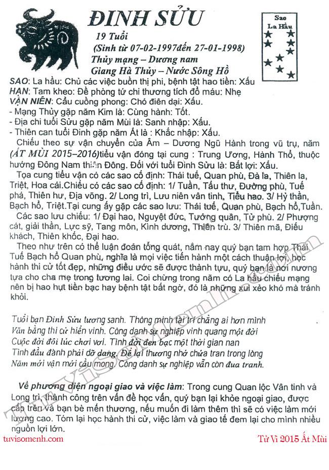 Tử vi 2015 tuổi Đinh Sửu nam mạng chi tiết | Tử Vi Cổ Học
